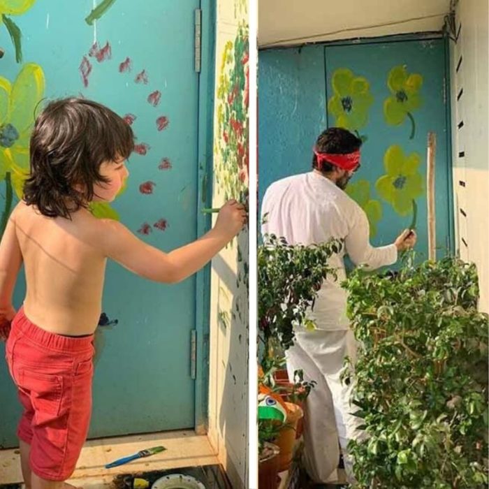 Adorable Snaps Of Saif And Taimur Ali Khan Painting Flowers On Their Balcony Wall